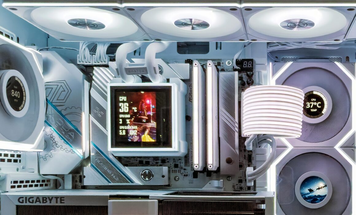 Lian Li HydroShift II LCD S 360CL AiO water cooler in PC build, showing T-rex live display on LCD